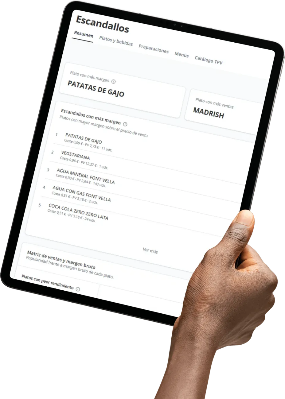 Escandallos y margen de cada plato en el Portal del cliente, en una tablet
