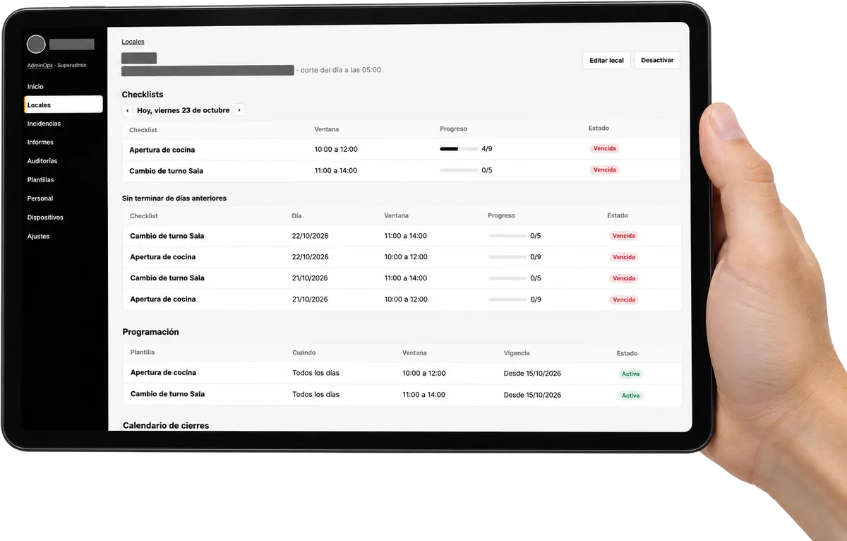 Herramientas 11 Checklists de un local en Flambeado Ops, en una tablet