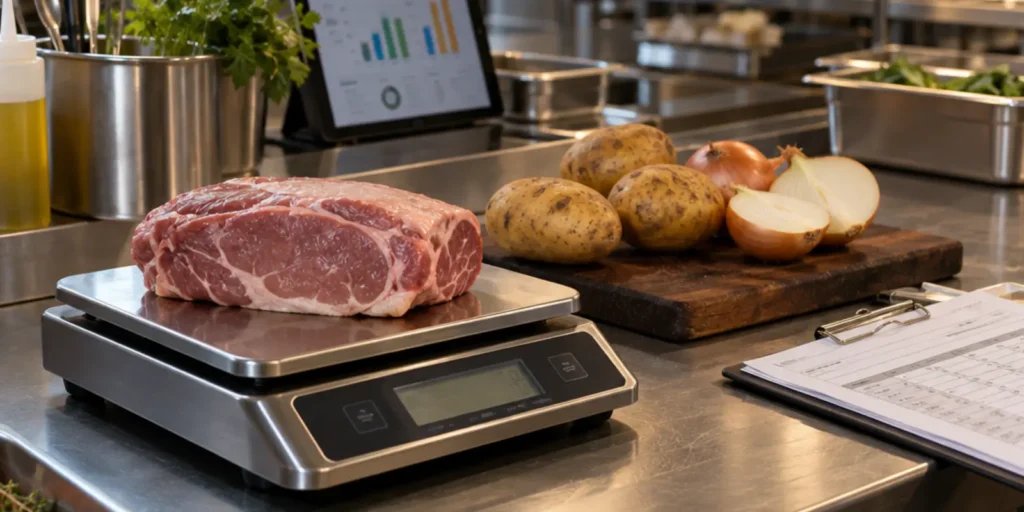Báscula de cocina con pluma ibérica y hojas de escandallos sobre una mesa de acero en la cocina central de un grupo