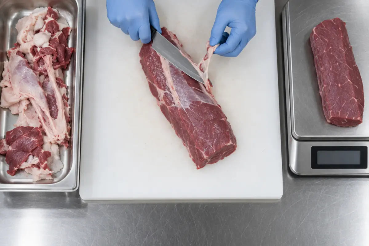 Cocinero pesando una pieza de carne limpia junto a sus recortes para calcular la merma y el rendimiento