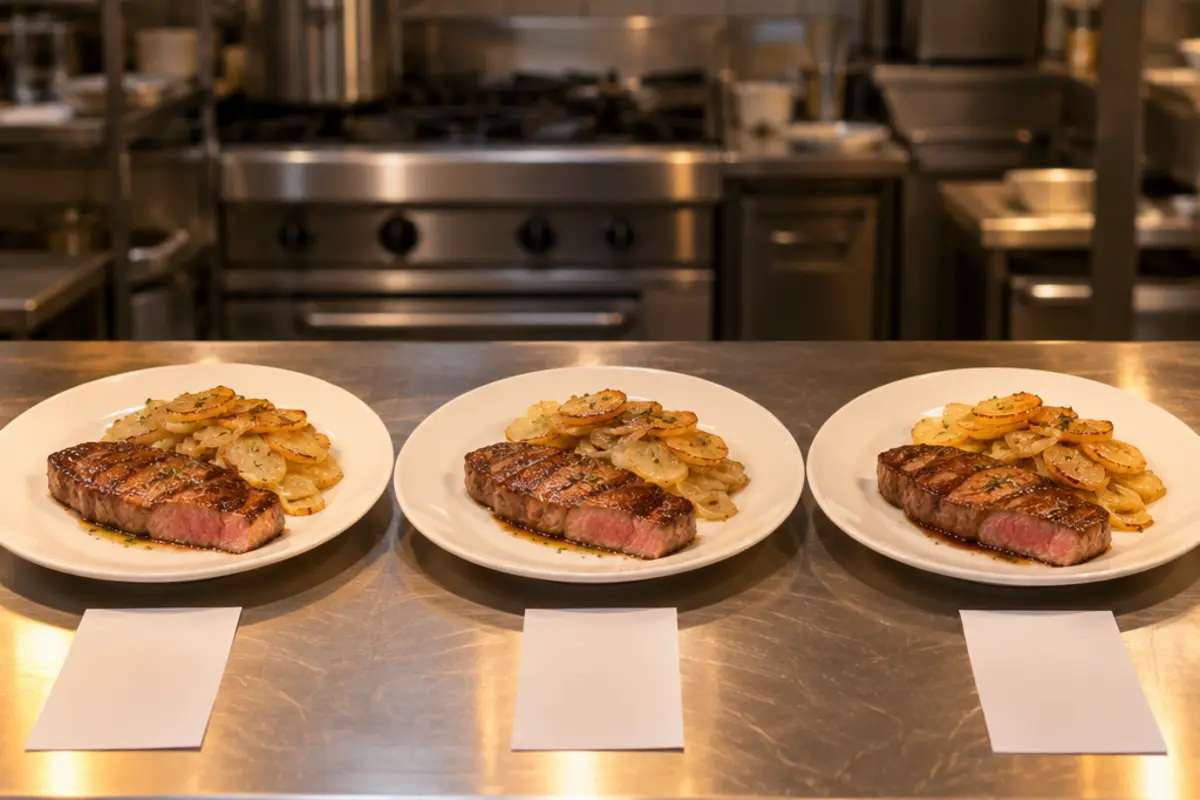 Tres platos iguales de pluma ibérica en el pase, uno por local, para comparar su escandallo