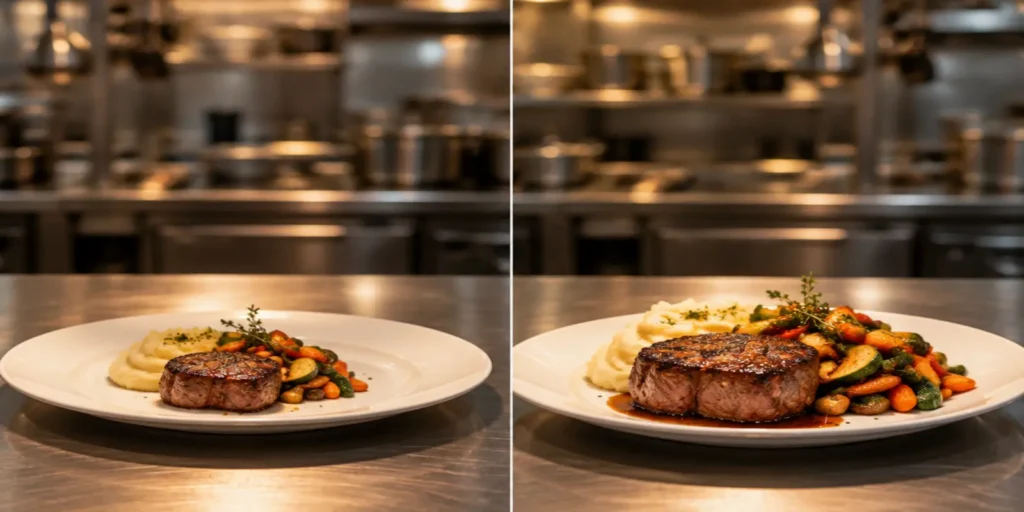 El mismo plato servido en dos locales de un grupo de restaurantes con raciones distintas que cambian el food cost