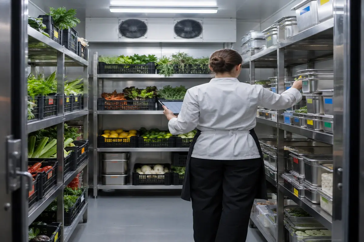 Persona haciendo inventario en la cámara frigorífica de un restaurante para calcular el food cost real del mes