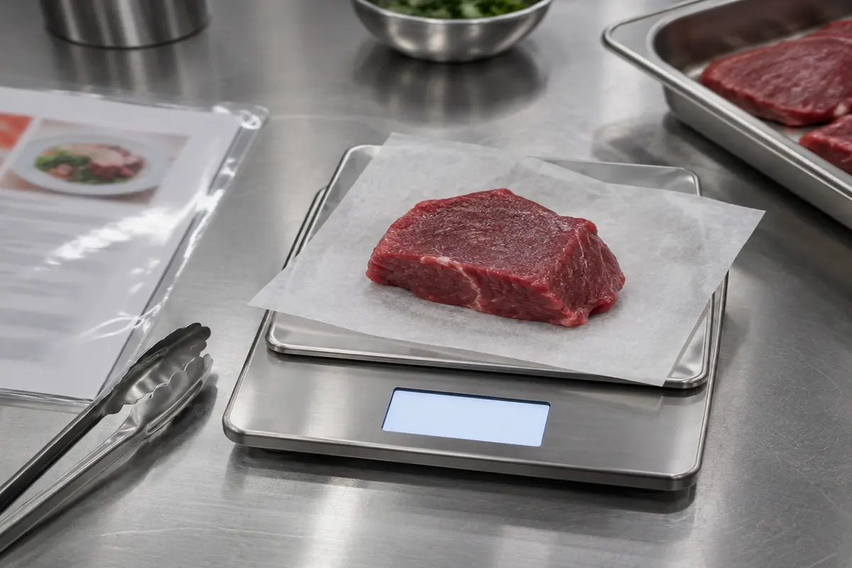Ración de carne pesada en una báscula de cocina para cumplir el gramaje del escandallo